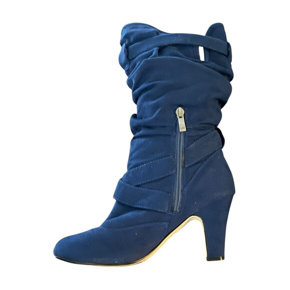 BAMBOO. Women Navy Blue Mid-Calf Heeled Boots With Wraparound Straps Size 8.5 - Picture 3 of 14